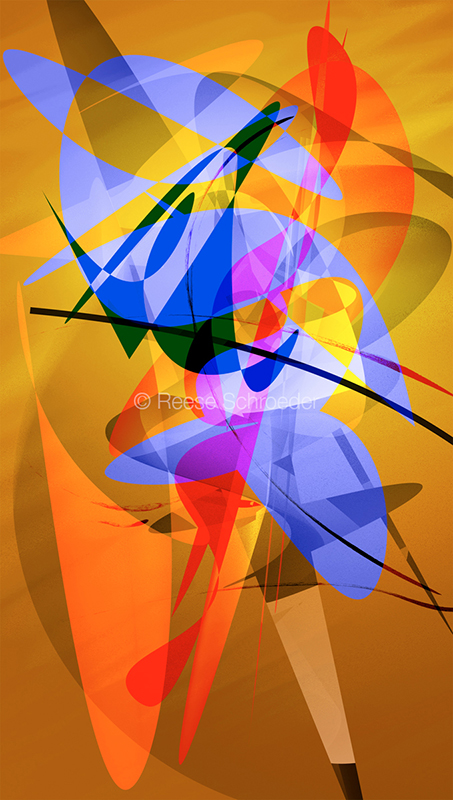 Vibrant blues against bright oranges swirling organically.