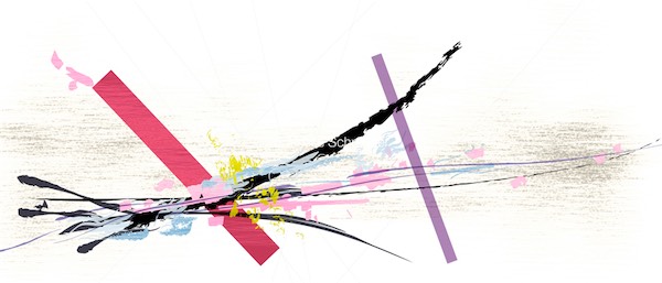 A whimsical white artwork with pink, purple, yellow and black brush strokes.