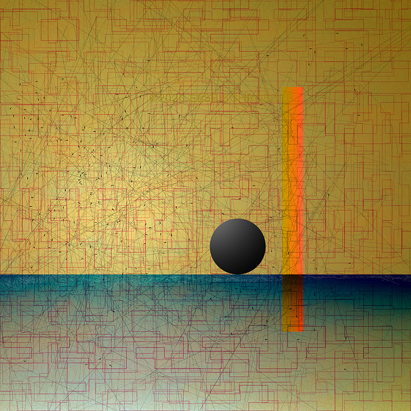 An artwork with deep red patterned cubes. An illusion.