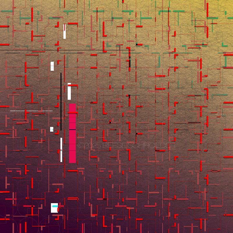 An artwork of intricate red lines over orange, suggesting connectivity of all things.