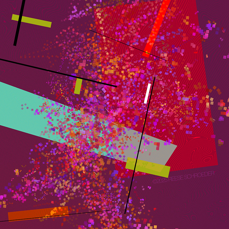 Swirling concentric linex suggesting topographic areas of a map, in pink splatter over rectangles.