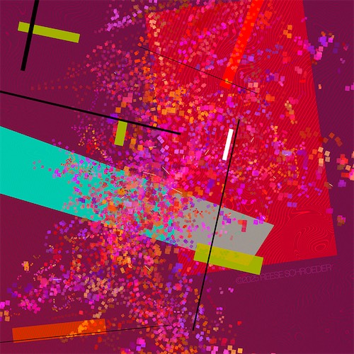 Swirling concentric linex suggesting topographic areas of a map, in pink splatter over rectangles.
