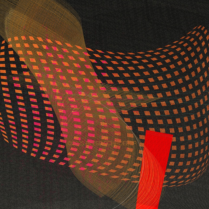 An artwork with red patterned rectangles wafting across a dark background.  A fine gold mesh appears behind in contrast.