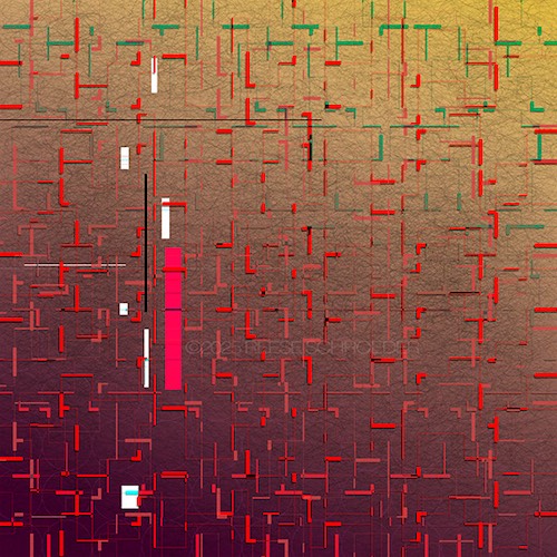 An artwork of intricate red lines over orange, suggesting connectivity of all things.