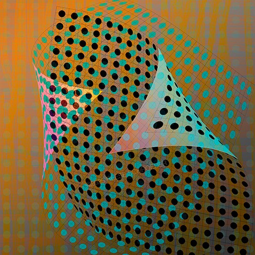 Patterned black dots floating, bending around as if embracing a whisper.